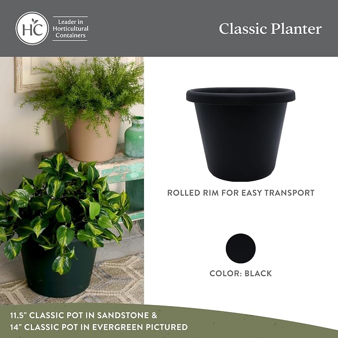 The HC Companies 20 Inch Classic Round Planter Pots with Drainage, Rolled Rim Plastic Planters for Indoor & Outdoor Plants, 2-Pack Decorative Flower Pots for Garden, Office & Home Decor, Black