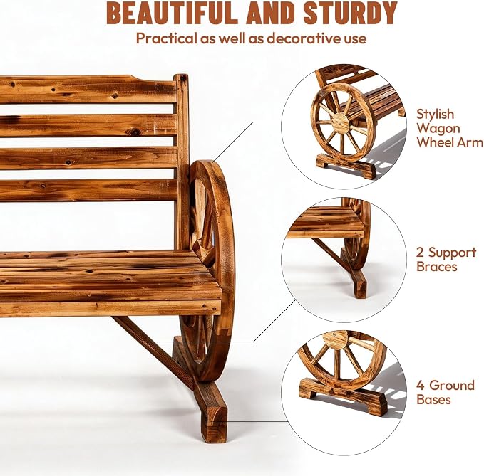 VINGLI Rustic Wooden Wheel Bench Outdoor Bench, Patio Bench Wagon Slatted Seat, Garden Benches for Outdoors 350lbs High Capacity, Weather Resistance (Teak, 55in)