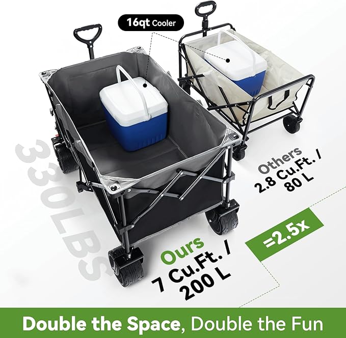 Hikenture Foldable Beach Wagon with Big Wheels for Sand, 330 lbs Capacity | Large wagon for beach, camping, sports & grocery hauling; Big wheels for sand & gravel; One-hand fold