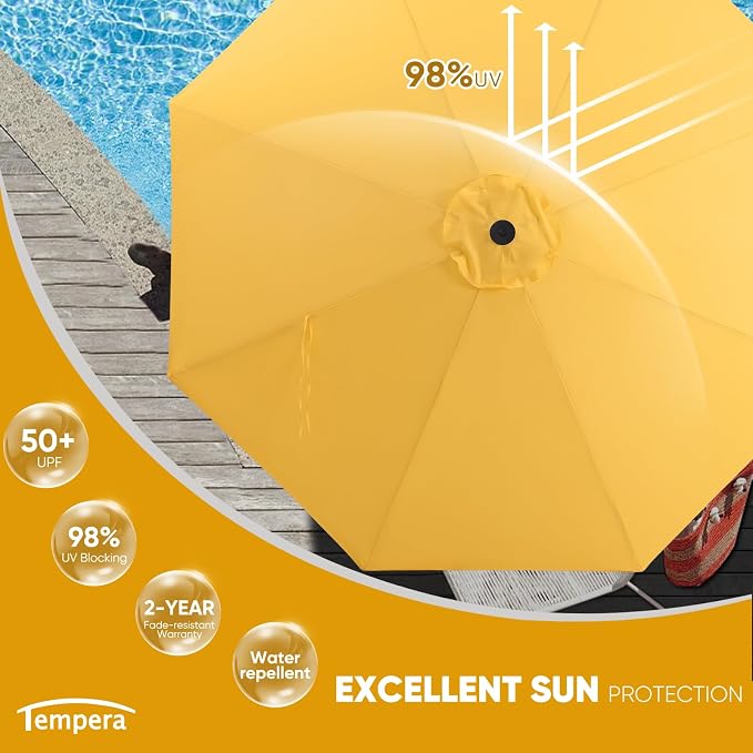 Tempera Patio Market Outdoor Table Umbrella with Push Button Tilt and Crank, Large Sun Umbrella with Sturdy Pole & Fade Resistant Canopy, Easy to Set