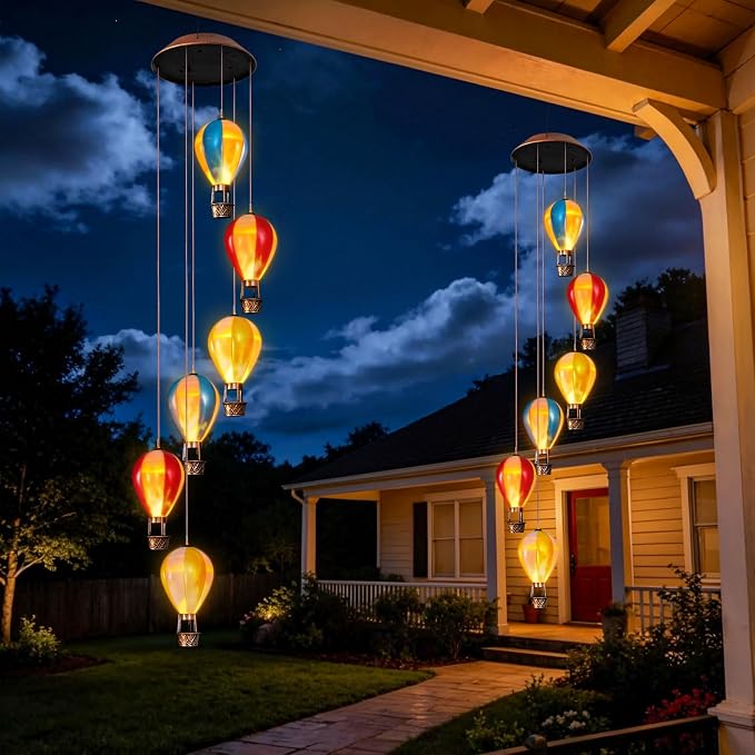 Topstor Hot Air Balloon Solar Wind Chimes for Outside - Outdoor Hanging Decor Garden Gifts for Women Mom Grandma (Stripe)
