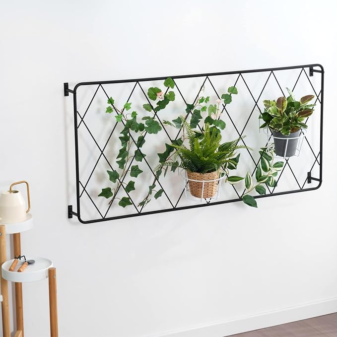 MyGift 50"x24" Wall Mounted Garden Trellis, Black Metal Lattice Panels for Outside, Hanging Lattice Support Frame for Outdoor or Indoor Climbing Plants, 1 Panel
