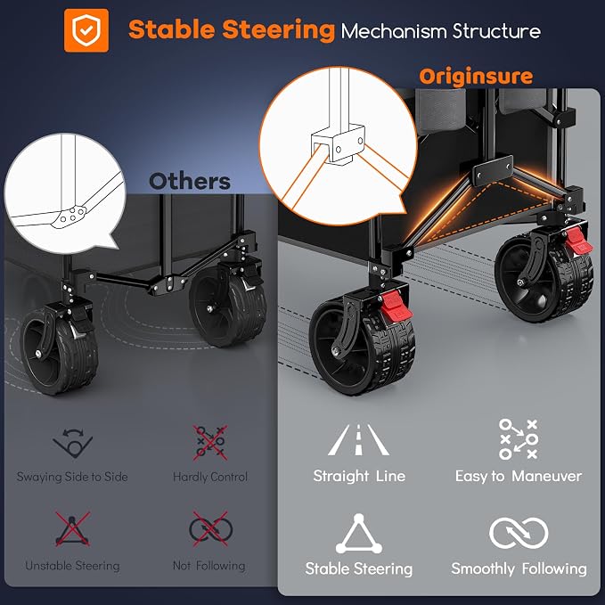 Originsure 48" L Collapsible Wagon Cart Foldable, 560lbs Weight Capacity 300L Heavy Duty Folding Beach Wagons with Big All-Terrain Wheels, Utility Carts for Groceries, Camping, Sports - Grey&Black