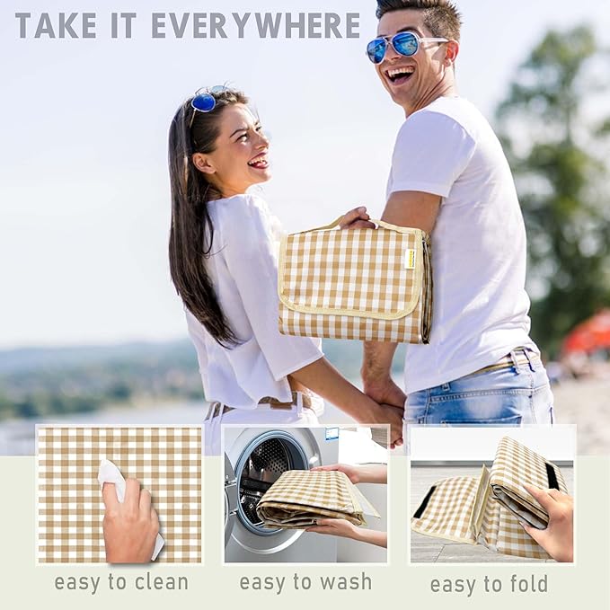 SAMSIER Outdoor Picnic Blankets Waterproof Foldable Sandproof, Extra Large Gingham Cute Picnic Mat Washable Portable for Park Beach Camping Courtyard (Coffee, 80"×80")
