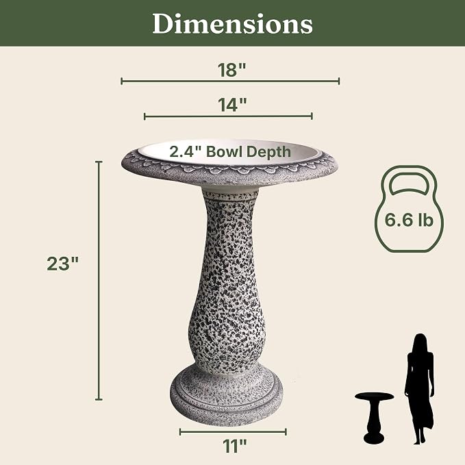 Bird Bath for Outside 23 Inch Speckled White - Stone-Resin Composite Pedestal Birdbath Bowl - Decorative Standing Outdoor Garden Decor for Front Porch Patio Yard Backyard Lawn Ornament