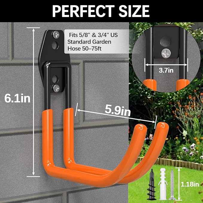 3-H Garden Hose Holder Wall Mount 4 Pack Solid Steel 5.9 Inch Extended Arm Compact Hose Hanger Heavy Duty Water Hose Holders for Outside,Orange