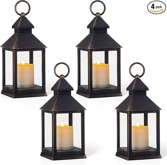Vintage Golden Brushed Black Lantern Decorative LED Flickering Flameless Candle with Timer, Battery Powered LED Decorative Hanging Lanterns for Indoor Outdoor Garden Yard Home Decor(4 Pack)