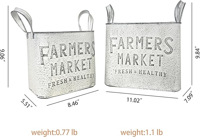 Vintage Metal Flower Planter Buckets with Handle Set of 2 Rustic Metal Flower Pots Farmhouse Plant Containers for Herb Succulent, Indoor Outdoor Garden Home Yard Bathroom Kitchen Decor (White)