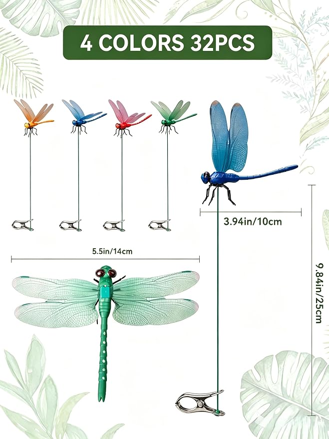 32 Pack Dragonfly Clips for Bugs Repellent, Fake Dragonflies with Stakes, Dragonfly Clip Bug Repellent, Dragon Fly Deterrent Clips for for Yard, Hat, Horse and Deer, Indoor & Outdoor Garden Decor