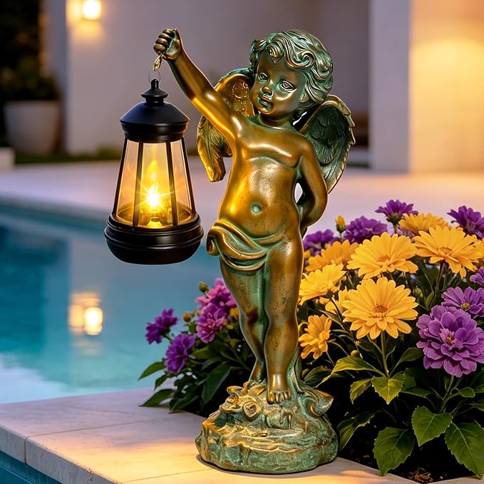 Solar Angel Garden Statues, Outdoor Angel Solar Hanging Lights Waterproof, Birthday Gifts for Mom Women Mother's Day, Cupid Boy Garden Figurines for Yard Decor Patio Porch Lawn Ornaments