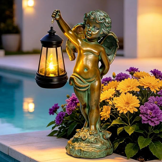 Solar Angel Garden Statues, Outdoor Angel Solar Hanging Lights Waterproof, Birthday Gifts for Mom Women Mother's Day, Cupid Boy Garden Figurines for Yard Decor Patio Porch Lawn Ornaments