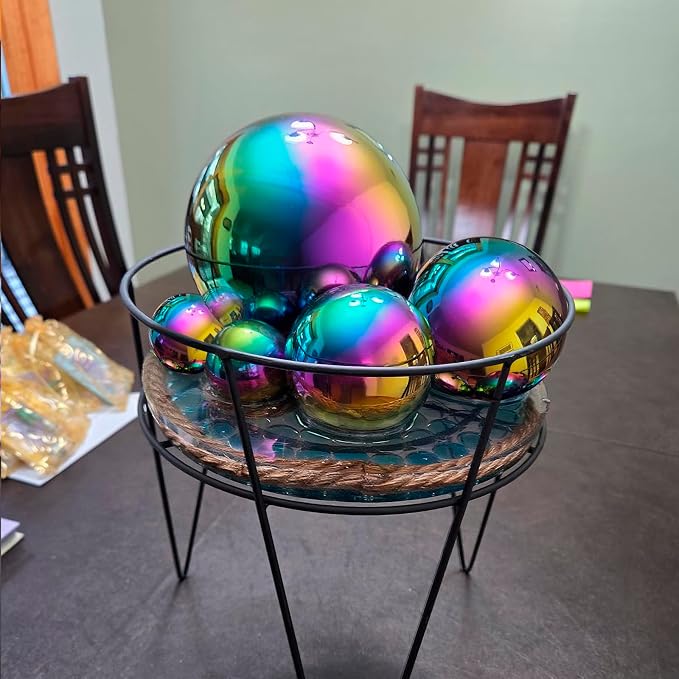 Gazing Ball Garden Mirror Outdoor - Outside Decorative Globe, Rainbow 5Pcs | Metal Polished Reflective Sphere, Stainless Steel Hollow Decoration Ornament for Home Pond Swimming Pool Housewarming Gift