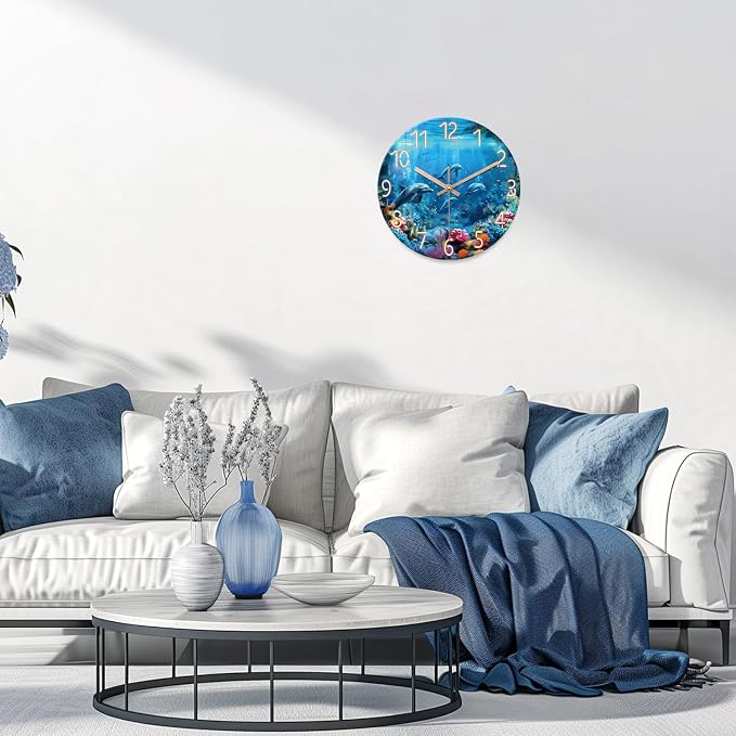 XFM Blue Ocean Wall Clock 12 Inch Round Silent Wall Clocks Battery Operated Nautical Themed Dolphin Tropical Decorative Clock for Living Room Bathroom Decor