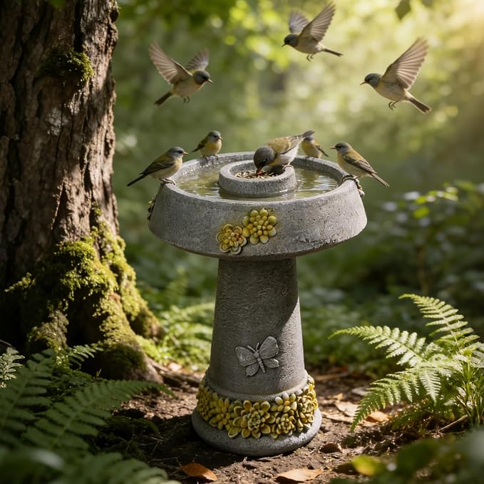 Bird Baths for Outdoors,23.6''H Outdoor Water Fountain Bird Bath & Feeder – Removable Feeding Bowl, Stone-Like Resin with Butterfly & Succulent Decor for Garden Yard Patio Porch Lawn Backyard