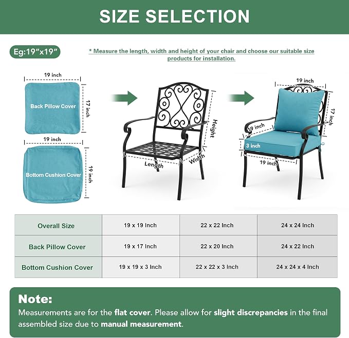 Summsun Faux Linen Outdoor Chair Cushions, Water Resistant Backrest and Seat Cushion Set with Removable Cover, Straps, Non-Slip Bottom for Patio Furniture, 19 x 19 Inch, Teal, Set of 4