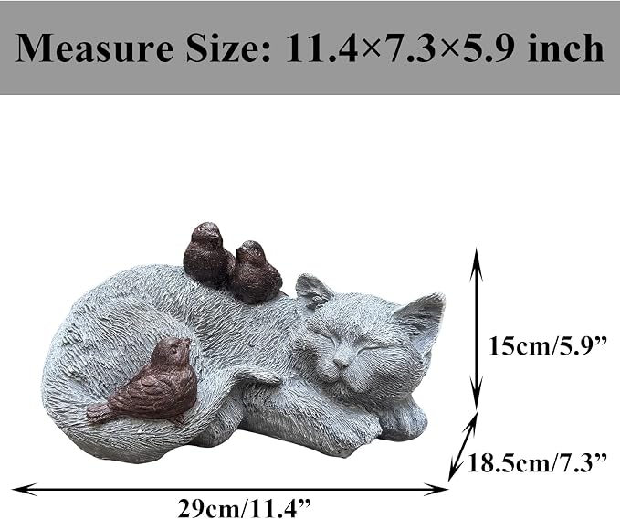 Resin Sleeping Cat Memorial Statue with Birds – Indoor Outdoor Garden Figurine Decor for Patio, Yard & Home, Realistic Tribute Sculpture, Sympathy Gift for Pet Lovers (11.4×7.3×5.9 in)