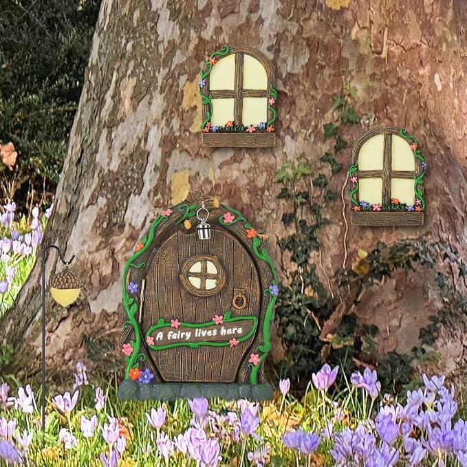 MEETYAMOR Miniature Fairy Garden Accessories, 4 PCS Glow-in-the-Dark Opening Fairy Door & Windows for Trees, Magical Yard Art Outdoor Statues, Fairy House Kit Garden Decor for Outside, Patio