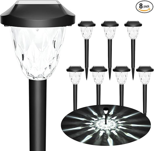 GIGALUMI Solar Pathway Lights, 8 Pack Outdoor Waterproof | Elegant pattern auto on/off dusk to dawn. Perfect for yard, garden, walkway, driveway, lawn. 8-pack landscape set.