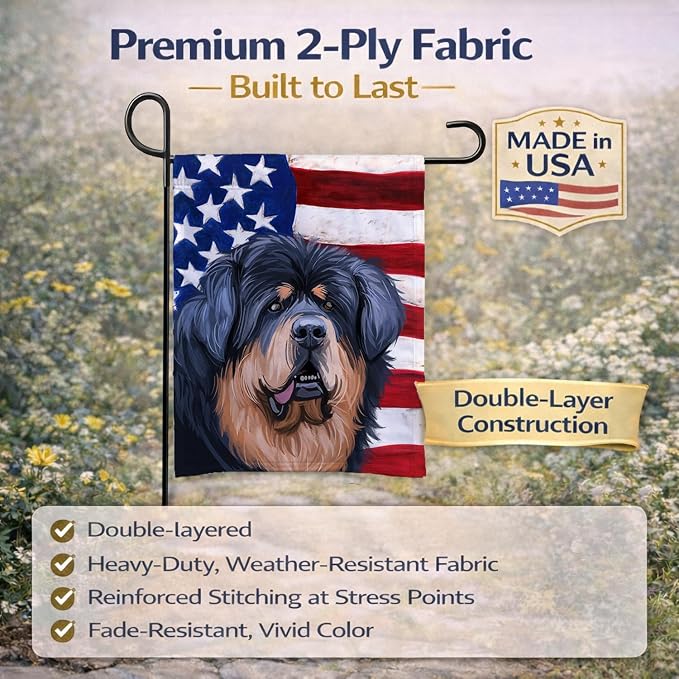 Caroline's Treasures CK6739GF Tibetan Mastiff American Flag Garden Flag Mailbox Flag Decorative Yard Flag Banner Outside Patio Artwork Yard Flower Beds, Garden Size, Multicolor