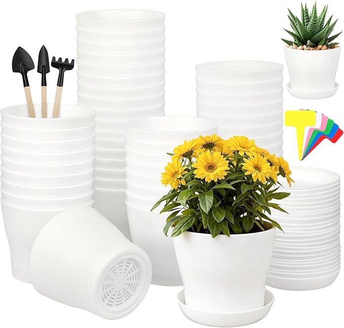 Hahood 48 Pack Plastic Planters 5.5 Inch Flower Plant Pots Indoor Set Thickened Seedling Nursery Pots Seed Starting Pots with Drainage Holes Saucers Mini Garden Tool for Home Office Garden, White