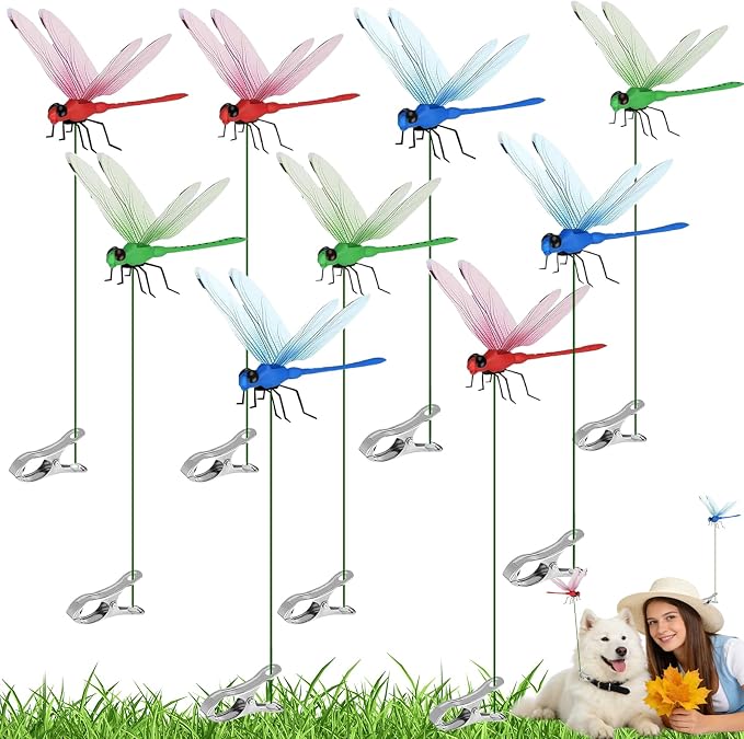 9 Pcs Dragonfly Clips, Colorful Dragonfly Clip,Realistic Fake Dragonflies Clip-On Waterproof PVC Garden Outdoor Decor Stakes Plastic Dragon Fly Clips Plant Decorations for Garden