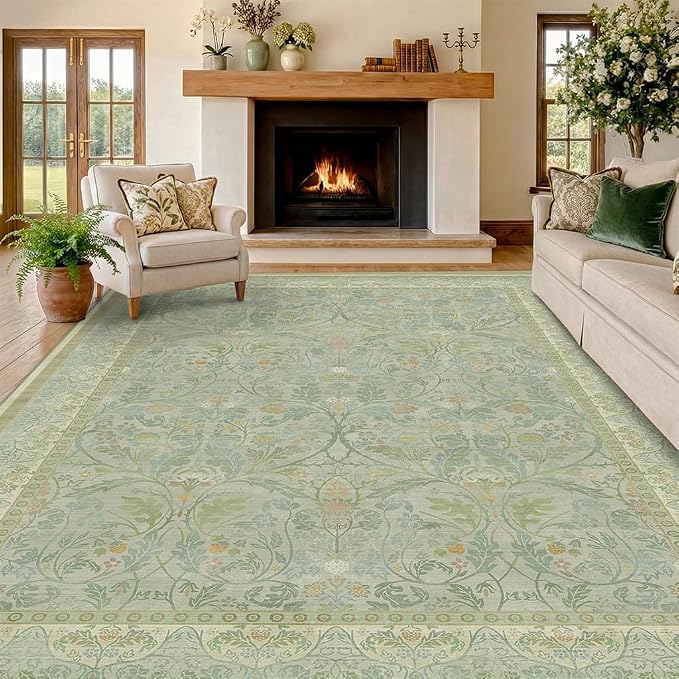 Large 8x10 Bedroom Area Rug, Washable Living Room Rugs, Floral and Botanical Shabby Chic Décor, Non Slip & Low Pile Soft Carpet (Sage Green)