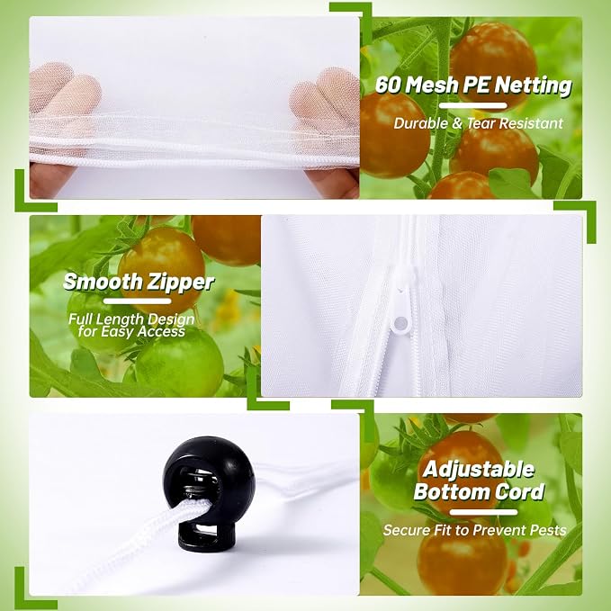 3 Pcs Garden Bird Netting Plant Cover for Square Tomato Cage, 55"×19.7" Garden Bird Tomato Cage Covers with Zipper & Drawstring for Vertical Climbing Plants, Vegetable and Flowers (No Cage)