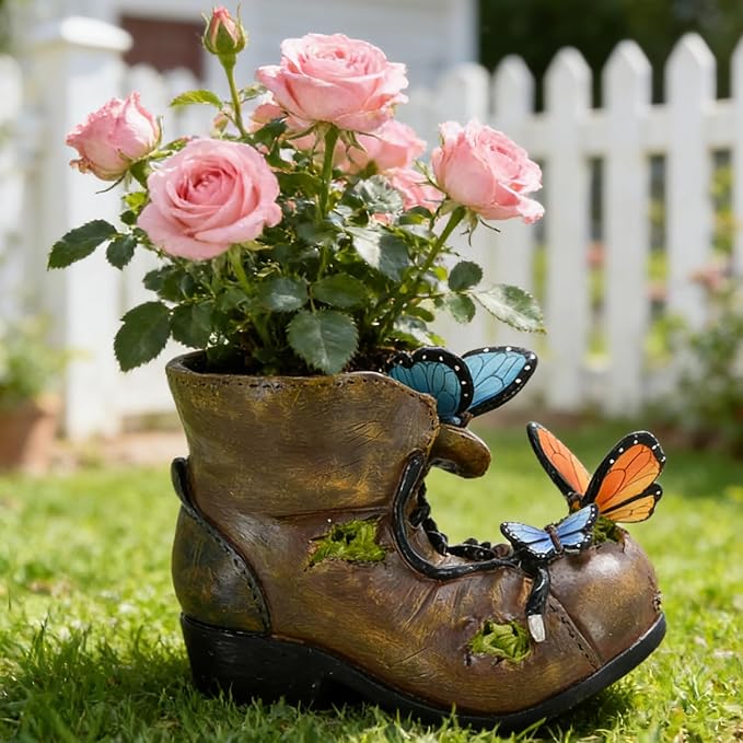 Unique Rustic Boot Planter for Outdoor Indoor Plants - Colorful Resin Pot with Butterfly for Garden Farmhouse Office Decor - Cute Decorative Pot for Succulents Flowers