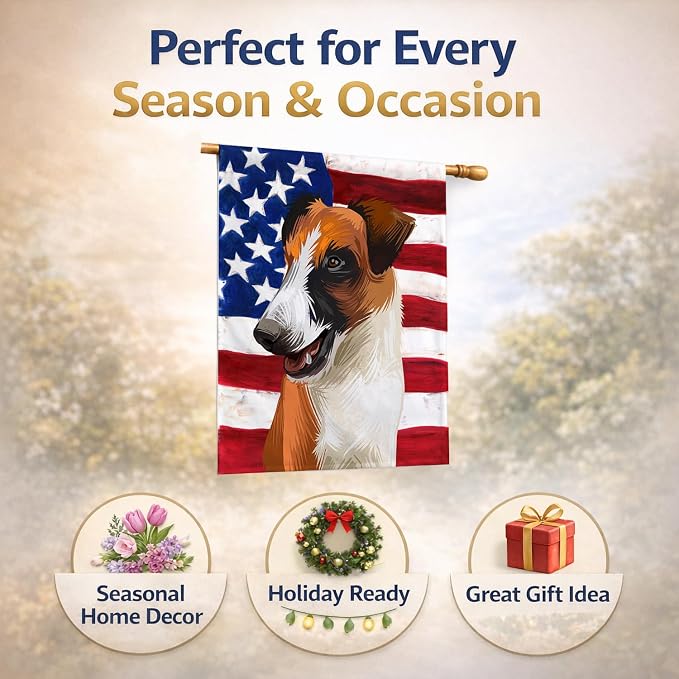 Caroline's Treasures CK6528CHF Fox Terrier Smooth Dog American Flag House Flag Large Porch Sleeve Pole Decorative Outside Yard Banner Artwork Wall Hanging, Polyester, House Size, Multicolor