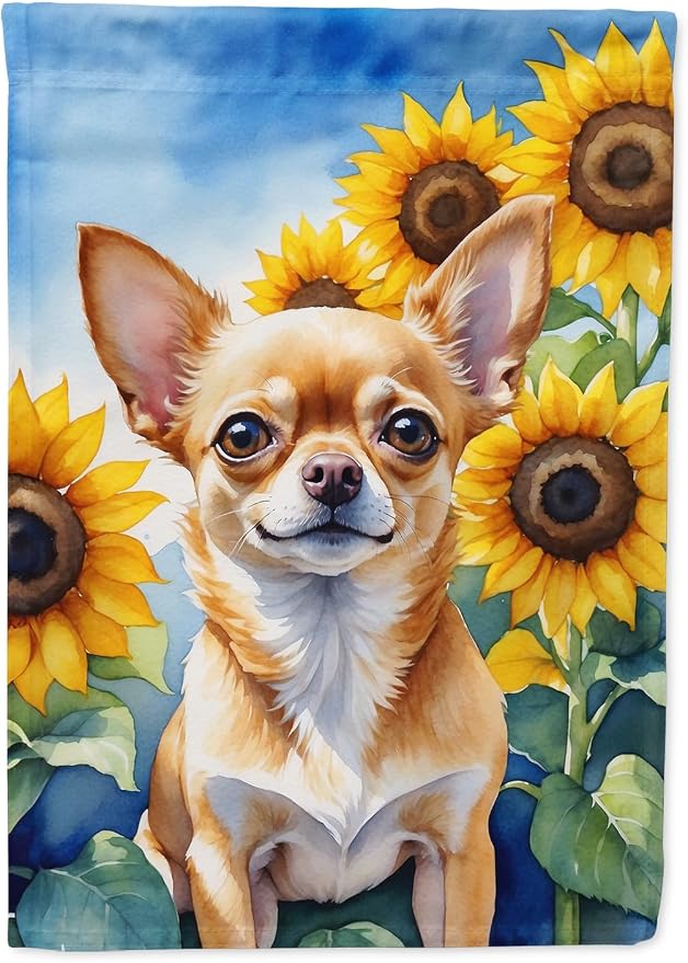 Caroline's Treasures DAC6051CHF Chihuahua in Sunflowers House Flag Large Porch Sleeve Pole Decorative Outside Yard Banner Artwork Wall Hanging, Polyester, House Size, Multicolor