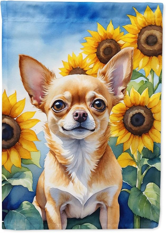 Caroline's Treasures DAC6051CHF Chihuahua in Sunflowers House Flag Large Porch Sleeve Pole Decorative Outside Yard Banner Artwork Wall Hanging, Polyester, House Size, Multicolor