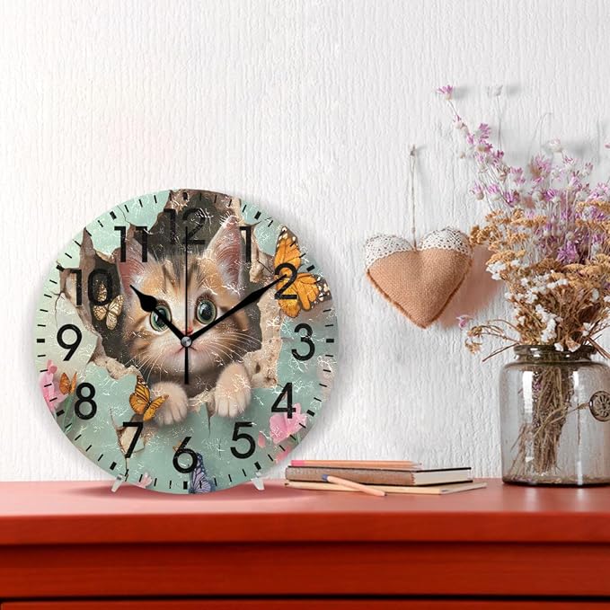 ALAZA Home Decor Kitten Cat Butterfly Wall Round Acrylic 9.84 Inch Wall Clock Non Ticking Silent Clock Art for Living Room Kitchen Bedroom