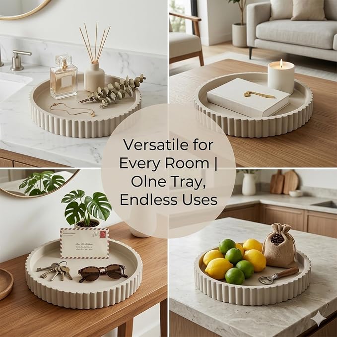 11" Round Concrete Decorative Centerpiece Tray for Coffee Table Grey | Modern minimalist centerpiece tray for coffee table, living room, dining & office storage display, sturdy tabletop home decor