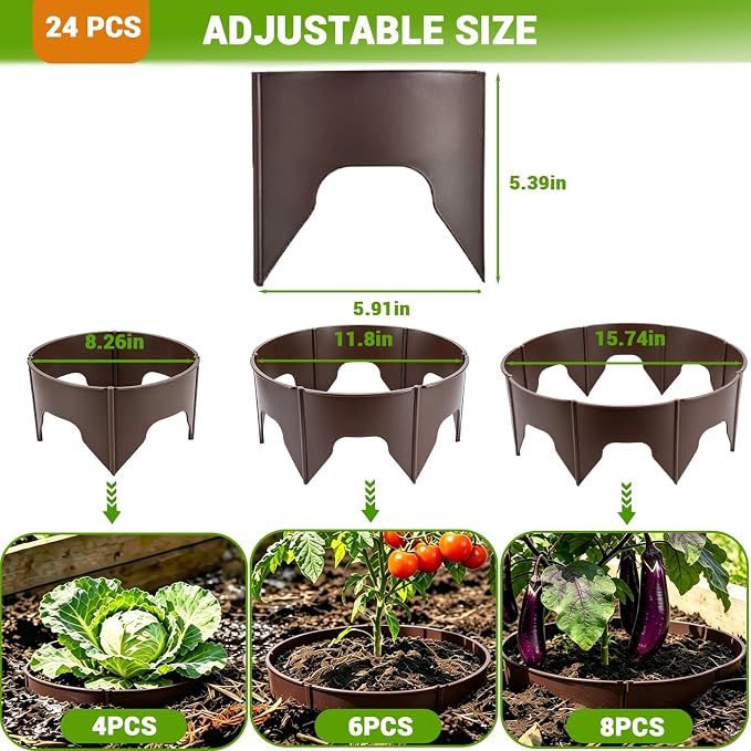 24 Pieces Planting Grow Rings, 7.8-15.16in Adjustable Round Plant Support Rings, Brown Plant Rings for Outdoor Plants – Blocks Pests & Retains Soil Moisture