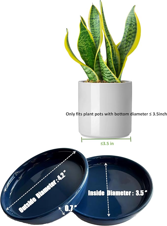 Ceramic Plant Saucer Tray 2 Pcs 3 4 Inch Blue, 4.2" OD x3.5 ID x0.7 Deep| Round Sturdy Heavy Duty Glazed Bevel Planter Drip Flower pots with Catch Basin for Indoor Outdoor Plants(3" Blue)