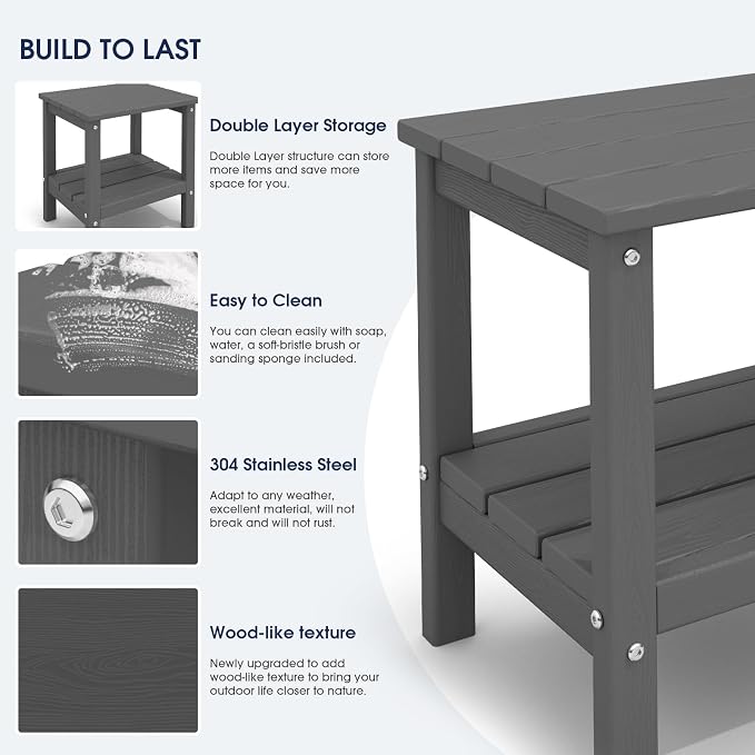 KINGYES Outdoor Side Table Set of 4, Double Layer Adirondack End Table- Gray