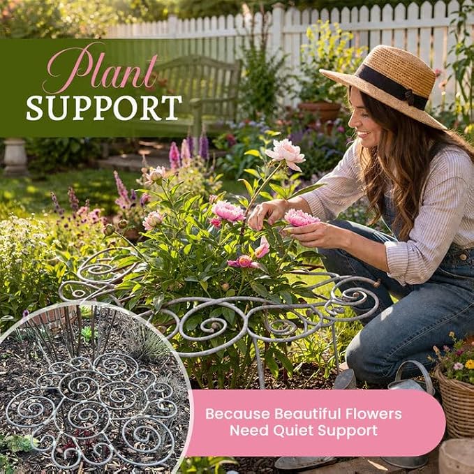 Plant Support,Decorative Metal Plant Support Ring, Heavy Duty Garden Plant Support Stake, Rustproof Flower Support Cage, Outdoor Plant Holder for Upright Growth and Protection (L)