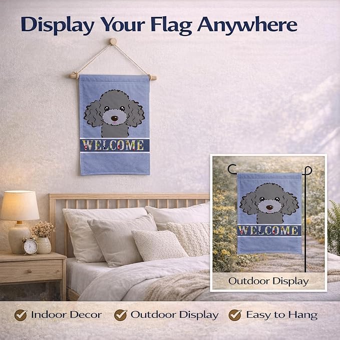 Caroline's Treasures BB1445GF Silver Gray Poodle Welcome Garden Flag, Blue Mailbox Flag Decorative Yard Flag Banner Outside Patio Artwork Yard Flower Beds, Garden Size, Multicolor