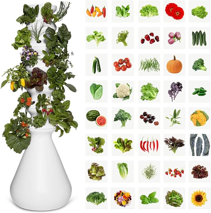 Farmstand Starter Kit Hydroponic Garden Tower with 30 Seedling Credits | 5 ft Vertical Self Watering Outdoor Planter System for Vegetables, Herbs & Greens | Family Growing System | Made in USA