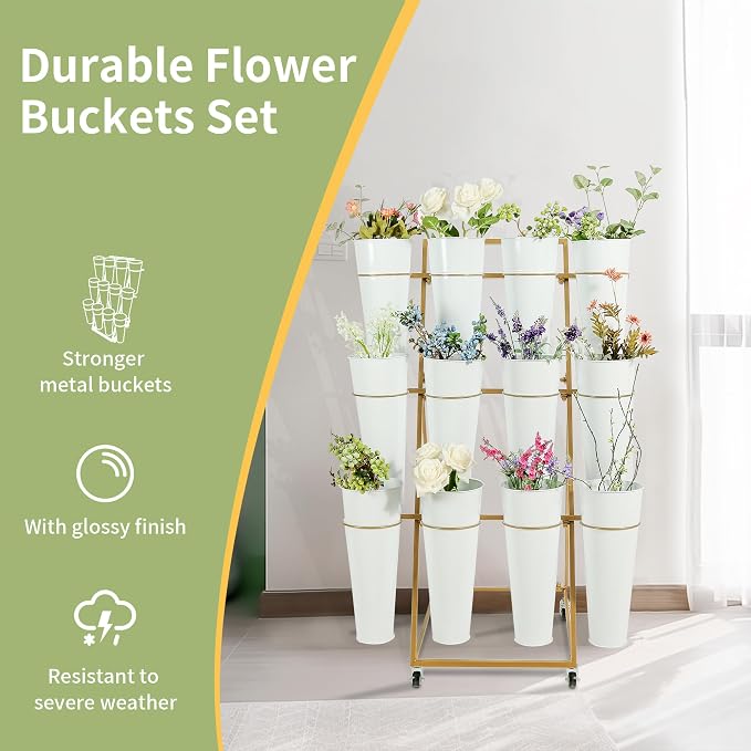 Flower Cart with 12 Metal Buckets, 3 Layers Flower Bar Stand with 360° Swivel Wheels and Brake, Flower Display stand with Iron Bucket, Durable than Plastic Buckets, Flower Holder for Florist or Wedding
