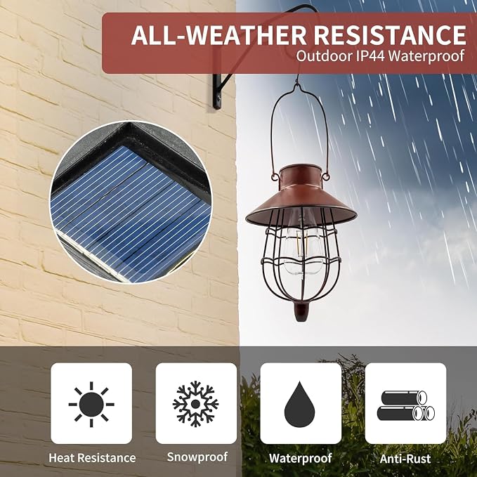 4 Pack Solar Lantern Outdoor Waterproof, Metal Solar Hanging Lamp with Warm White Bulb,Solar Lights Outdoor Design for Garden Yard Patio Proch Decor