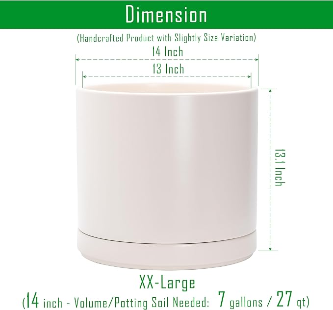 D'vine Dev 14 Inch Ceramic Planter Pot with Drainage Hole and Saucer, Indoor Cylinder Round Planter Pot, Oatmeal, 94-O-G-8