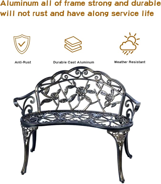 YKSY&YKSY Patio Garden Bench Metal Park Bench Cast Aluminum Outdoor Furniture with Floral Rose for Patio,Park,Lawn,Yard (Copper)