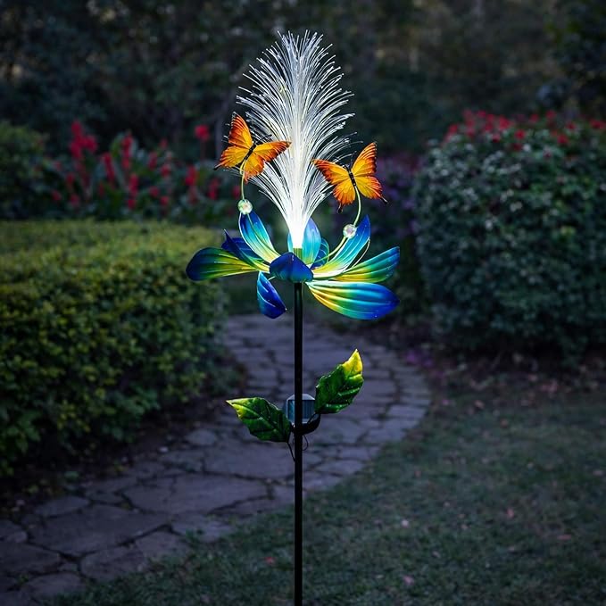 Solar Wind Spinner Outdoor, 49" Lotus Flower & Butterfly Metal Wind Spinner with Color-Changing Fiber Optic Solar Lights, Kinetic Garden Windmill Yard Art for Lawn Patio Pathway Decor