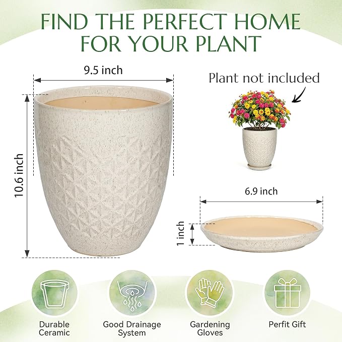 9.5 Inch Flower Pots for Indoor Plants,Ceramic Planter with Saucer Drainage Leak-Proof Mesh Gardening Gloves(Silk-White)