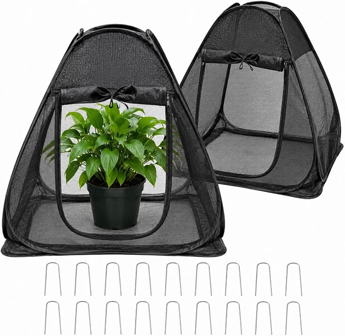 2PCS Pop up Plant Shade Tents（28 x 28 x 32 in-50% Shade Mesh Plant Cover with 16 U-Shaped Stakes for Outdoor Plants, Pop up Gardening Net Cover with Zipper Door, Guard Cover for Potted Plants
