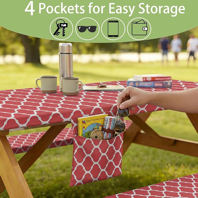 Fitted Waterproof Picnic Table Cover with Bench Covers Elastic Heat Resistant Outdoor Camping Tablecloth for 8 Foot Dinning Rectangle Tables Summer Rv Patio Garden Road Trip Essential Gift