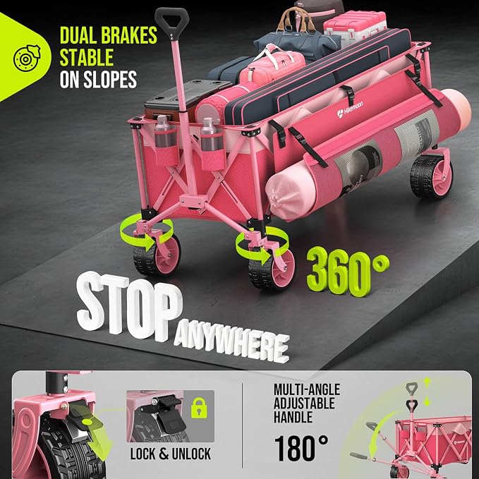 Hikemoon 300L Extra Large Wagons Carts Foldable, 560LBS Heavy Duty Collapsible Beach Wagon 48" Long with Big All-Terrain Wheels, Utility Folding Cart for Camping, Sports, Garden, Pink