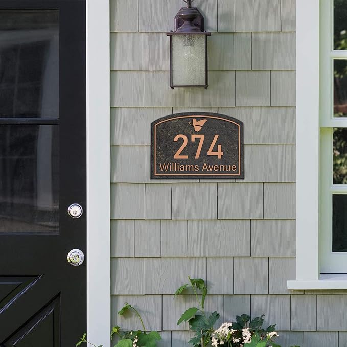Handcrafted Address Plaque for Yard Outside House Sign, House Number Garden Wall Sign, 911 Visibility Signage, Any Font, 10 x 7 inches (Red Copper)