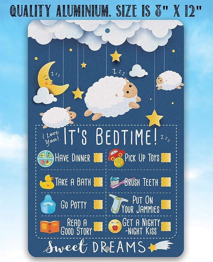 Child Bedtime - Cute Baby Room Decor, Baby Shower and Nursery Room Accessories, Good Night Moon Stars and Sheep, 8x12 Use Indoors or Outdoors Durable Metal Sign